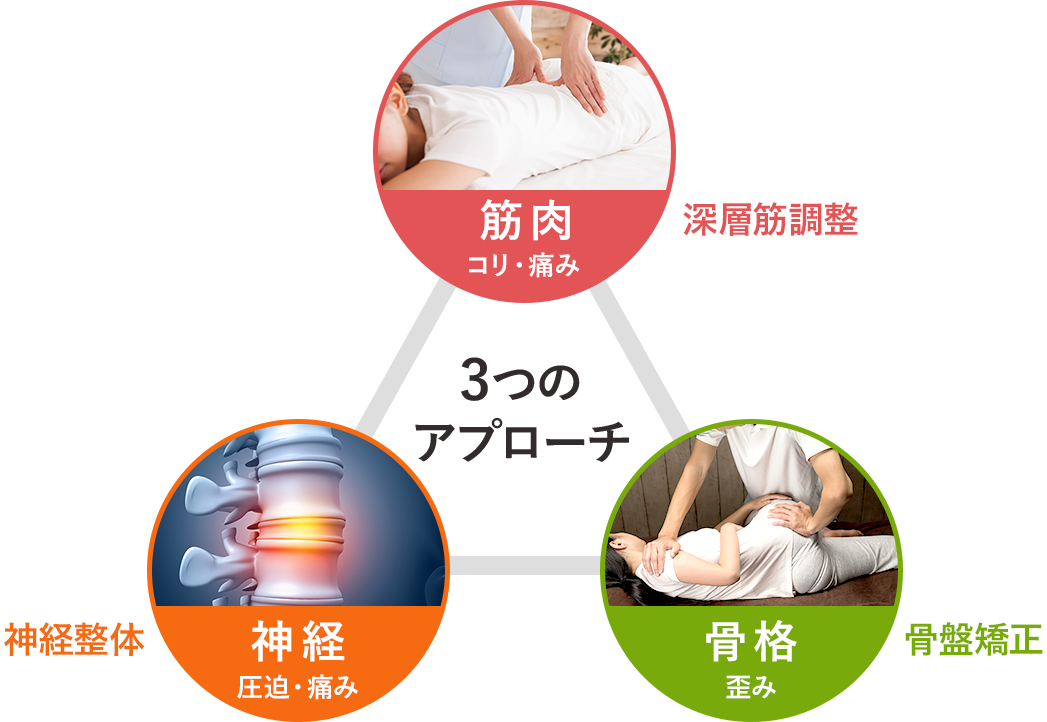 深層筋調整、神経整体、骨盤矯正の3つのアプローチ